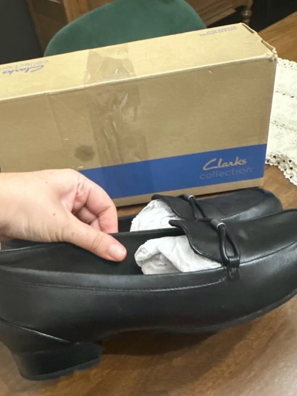 Clarks Black Leather Slip-On Loafers with Metallic Accent - Picture 2 of 5